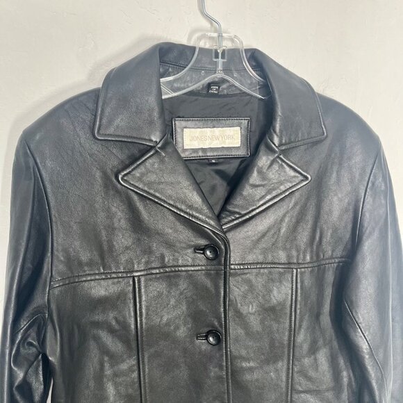 Vintage Jones New York Leather Button down Blazer Jacket Black Size S pockets - Picture 2 of 11